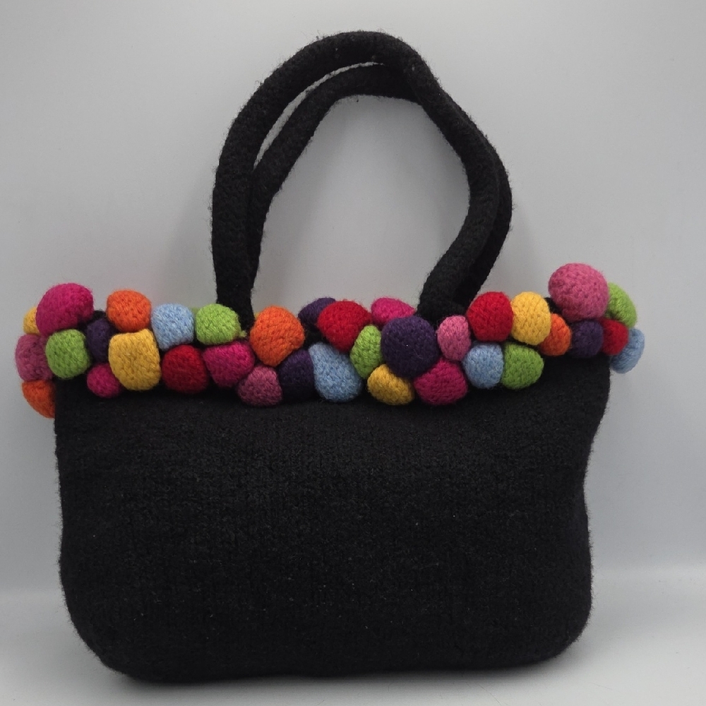 Wool Black Handbag With Colorful Pom Poms